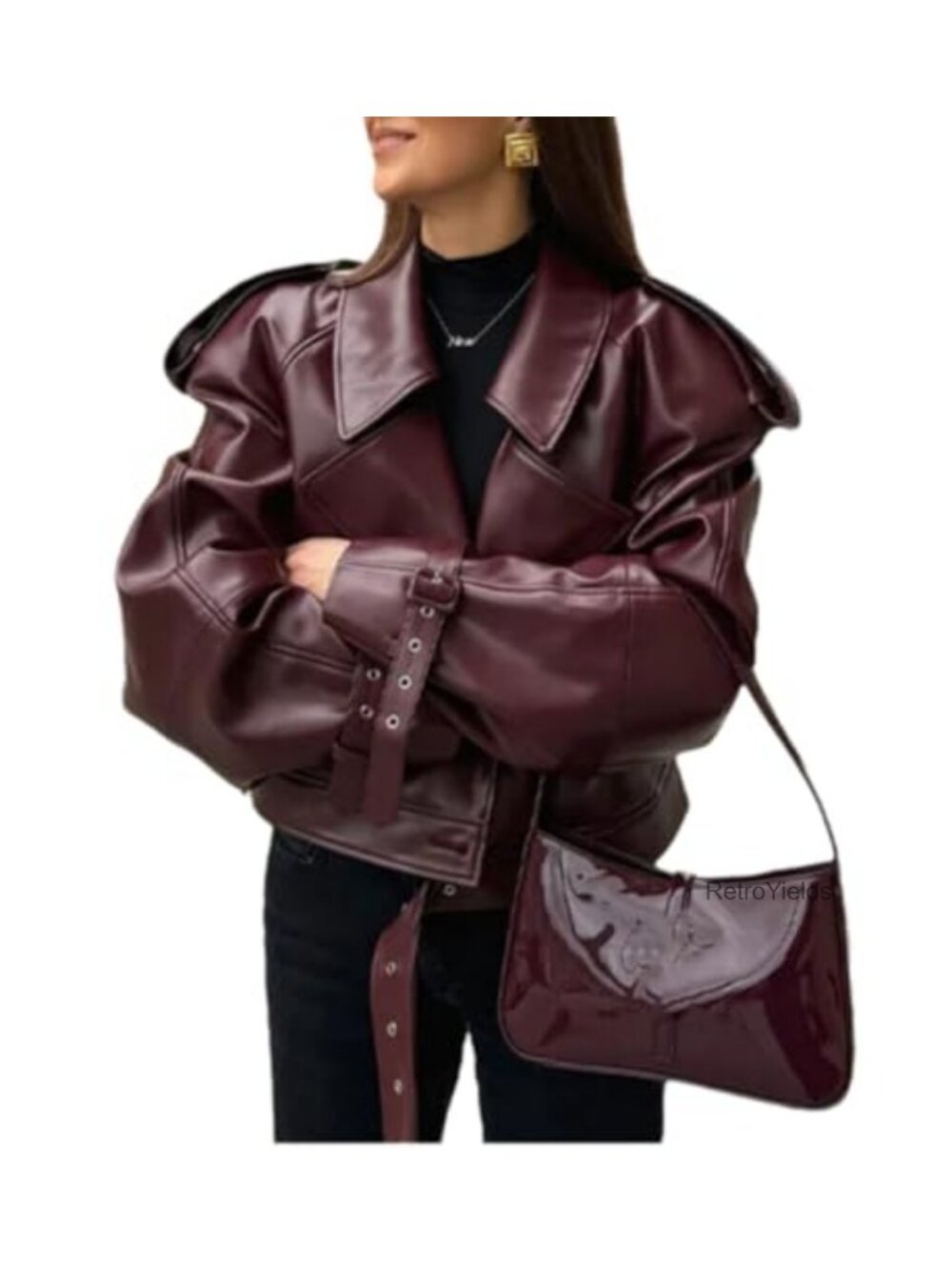 Women's Faux Leather Motorcycle Jacket Oversized Retro Collar Moto Biker Coat